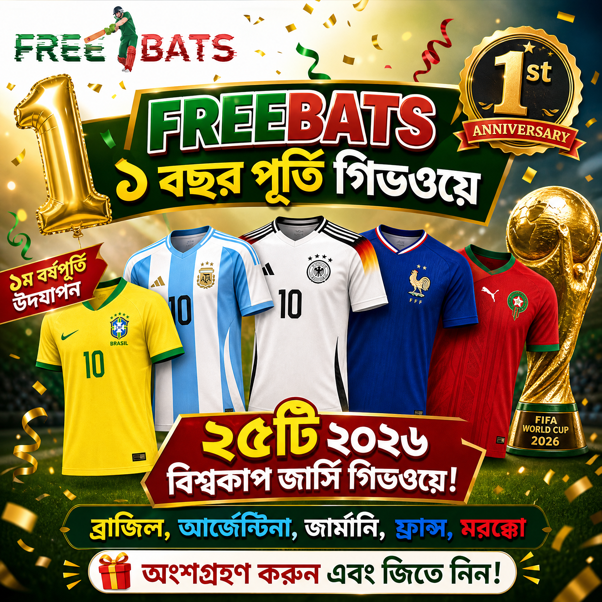 🎉 ফ্রিব্যাটস ১ বছর পূর্তি জার্সি গিভওয়ে 🎉